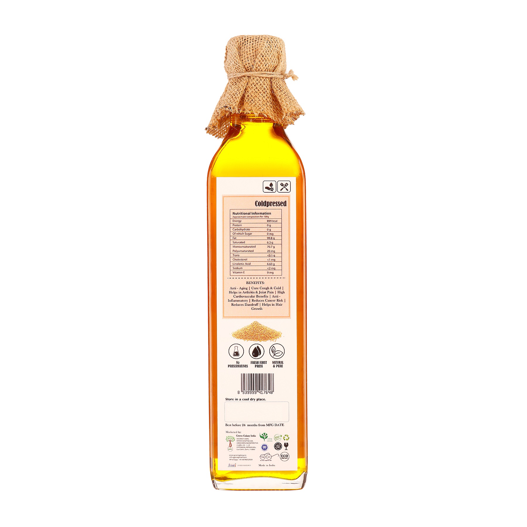 Pure & Natural Cold Pressed Yellow Mustard Oil (500ml)